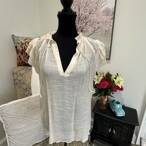 Cream Puff Sleeve Blouse with Ruffled Tie Front